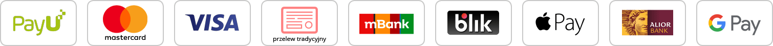 Natural Pharmaceuticals FlexiMed® Active Logotypy popularnych metod płatności elektronicznych i kart bankowych w Polsce, w tym PayU, Mastercard, Visa, BLIK, Apple Pay i Google Pay.